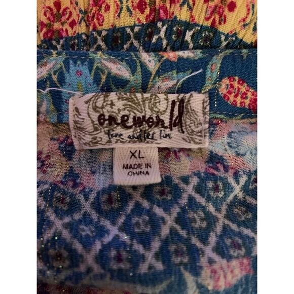 One World Women's XL Blouse Boho Metallic Threading Short Sleeve V Neck Tassels - Picture 11 of 12